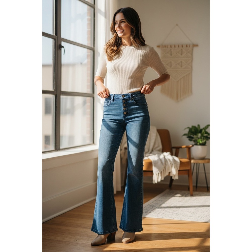 Maurices Flare Denim Flex High Rise Button Fly Blue Jeans 10 Reg #188Q